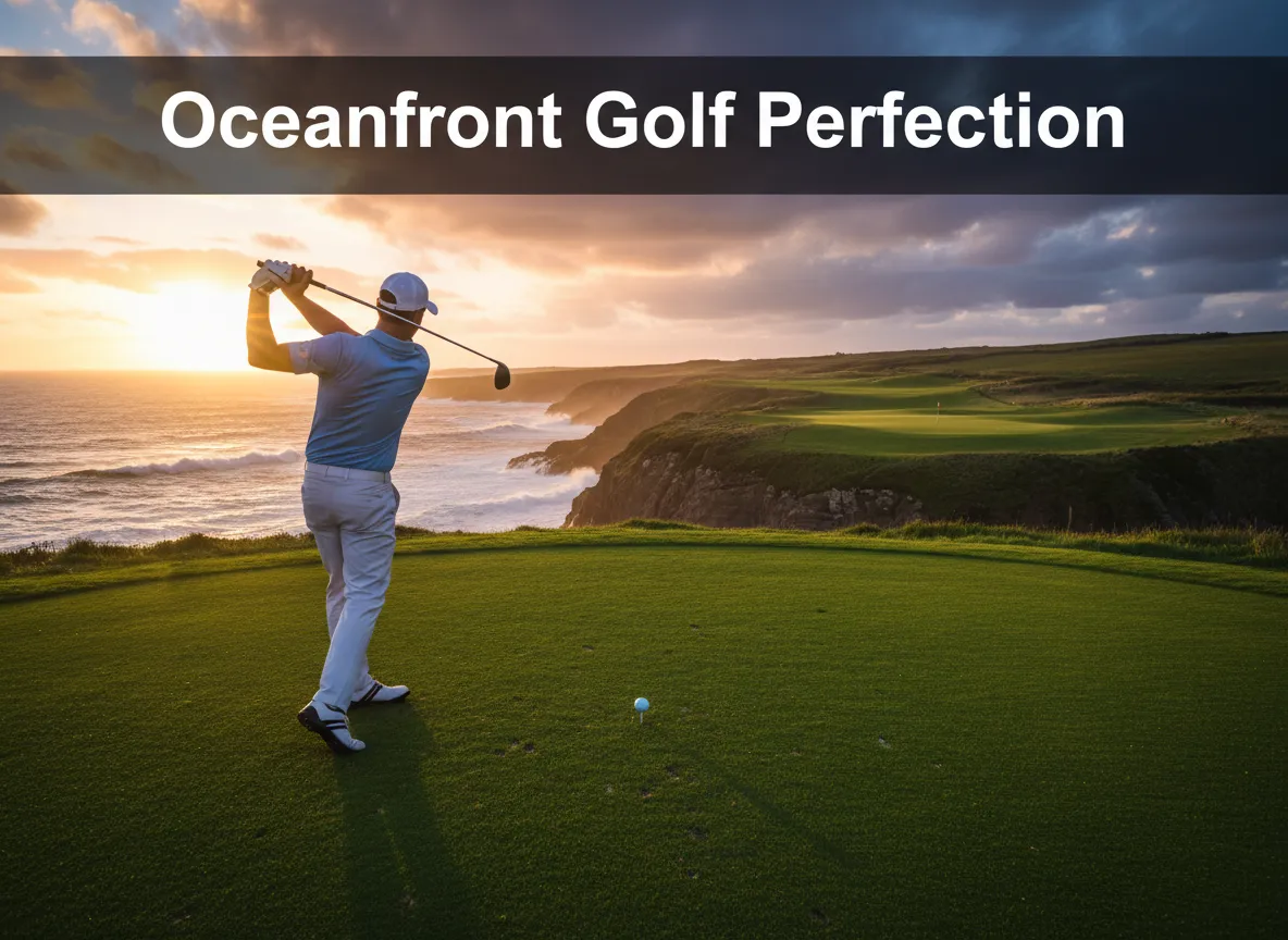 Cliffside golfer swinging over ocean at golden hour sunset