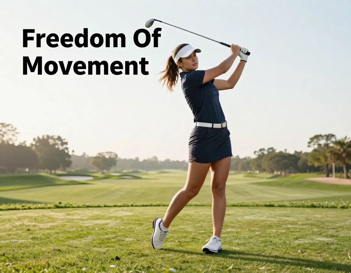 Female golfer mid swing stretch apparel fairway action performance