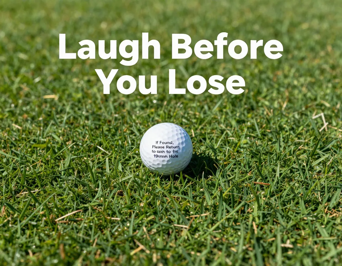 Golf ball with humorous engraving sits on fairway grass