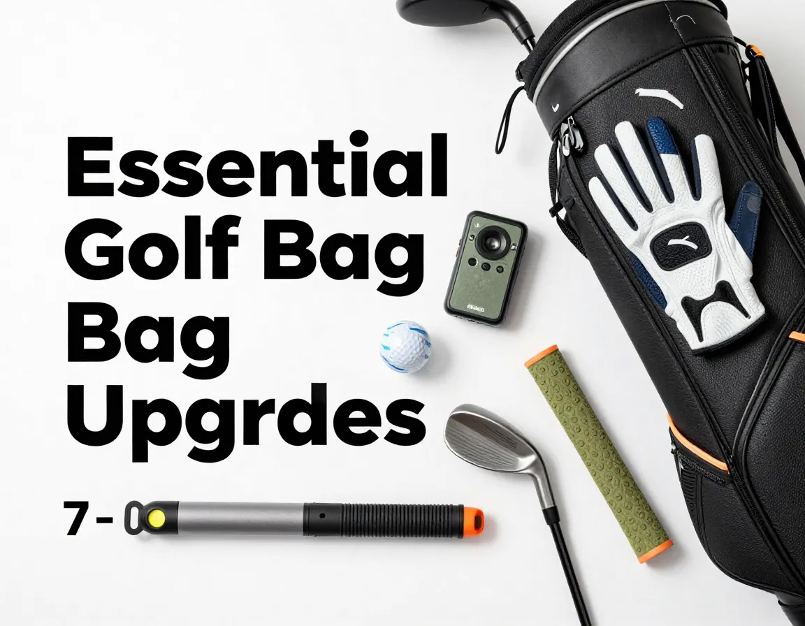 Premium golf bag accessories flat lay top down view