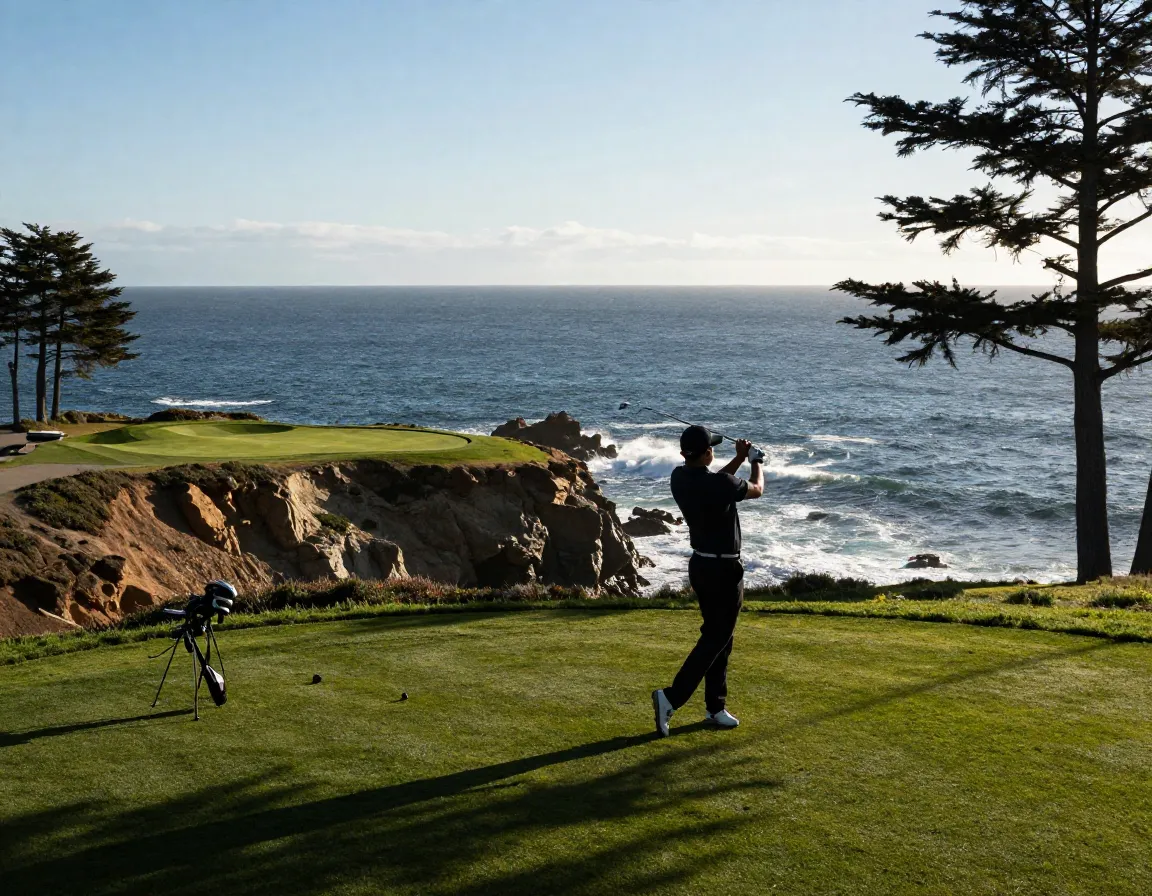 Golfer on cliffside tee overlooking pacific ocean pebble beach signature hole 7