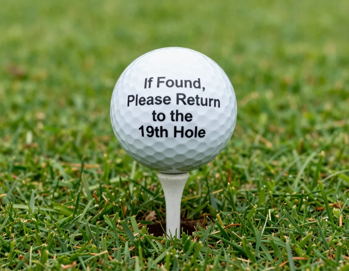 Single golf ball with if found return to 19th hole inscription on green tee