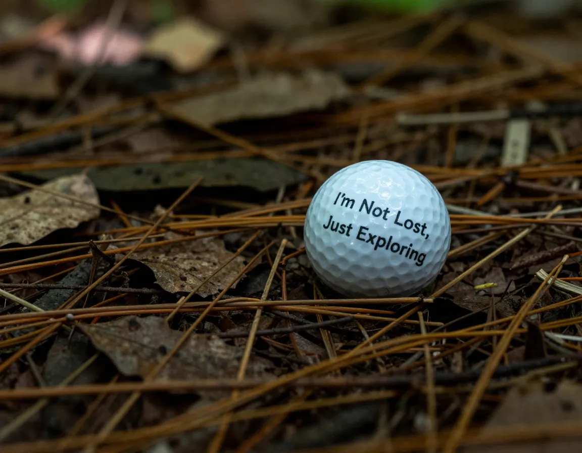 Golf ball resting on forest floor with im not lost just exploring text