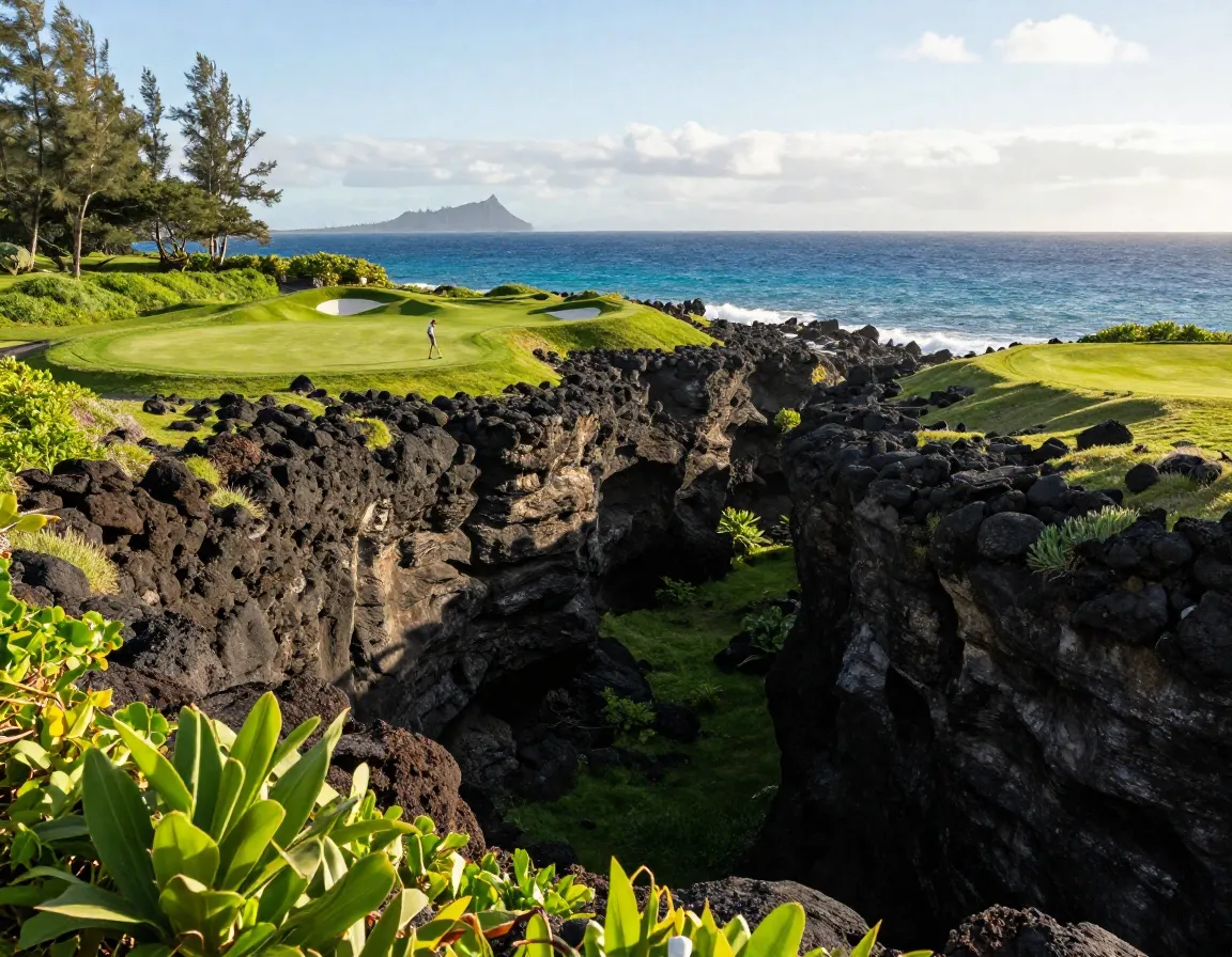 Elevated tee shot over hawaii sea cliffs at the challenge at manele