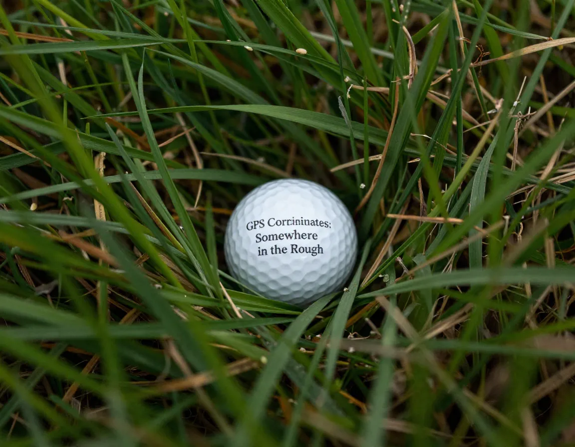 Golf ball in tall rough with gps coordinates somewhere in rough text