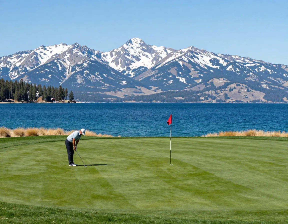 Golfer putting on lake tahoe green with sierra nevada mountain backdrop