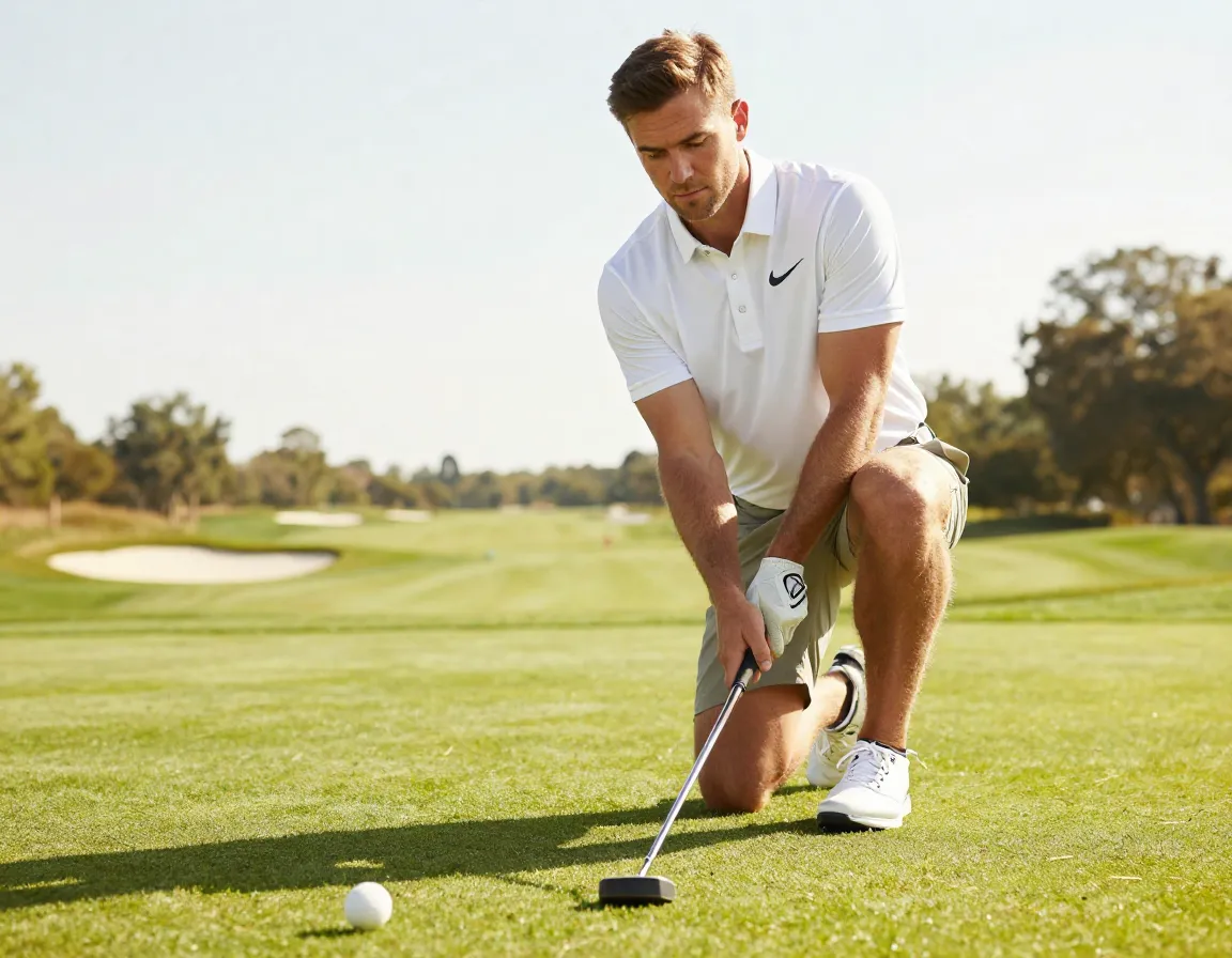 Nike golf dri fit polo on sunny putting green