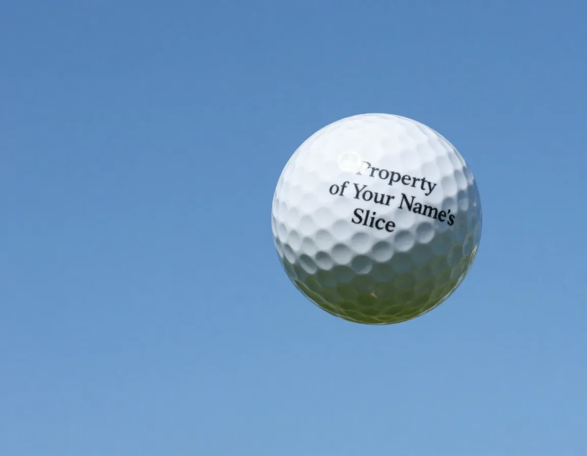 Golf ball with property of slice text flying through blue sky