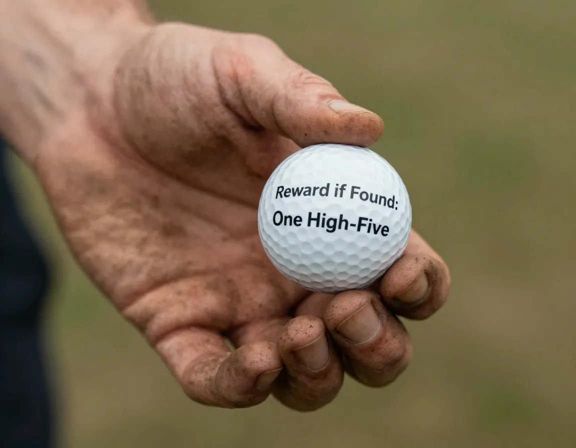 Golf ball held in dirty hand with reward if found one high five text