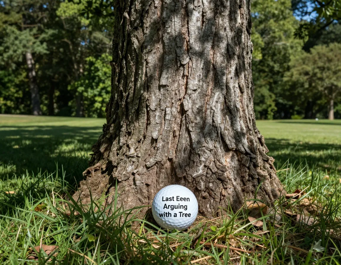 Golf ball at base of tree trunk with last seen arguing with tree text
