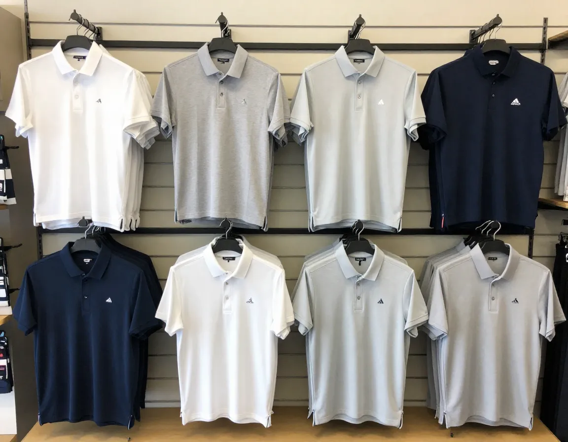 Ashworth golf classic polos on pro shop display rack