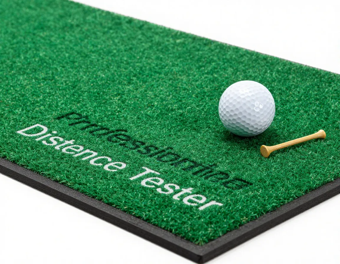 Golf ball with professional distance tester text on driving range mat