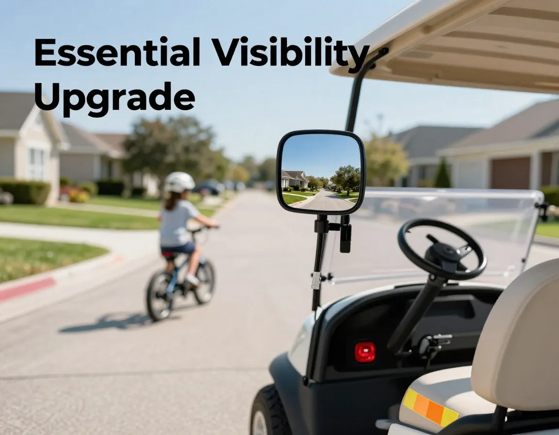 Golf cart rearview mirror reflecting suburban street safety