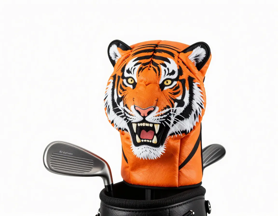 Ferocious tiger headcover protecting driver in golf bag closeup studio shot