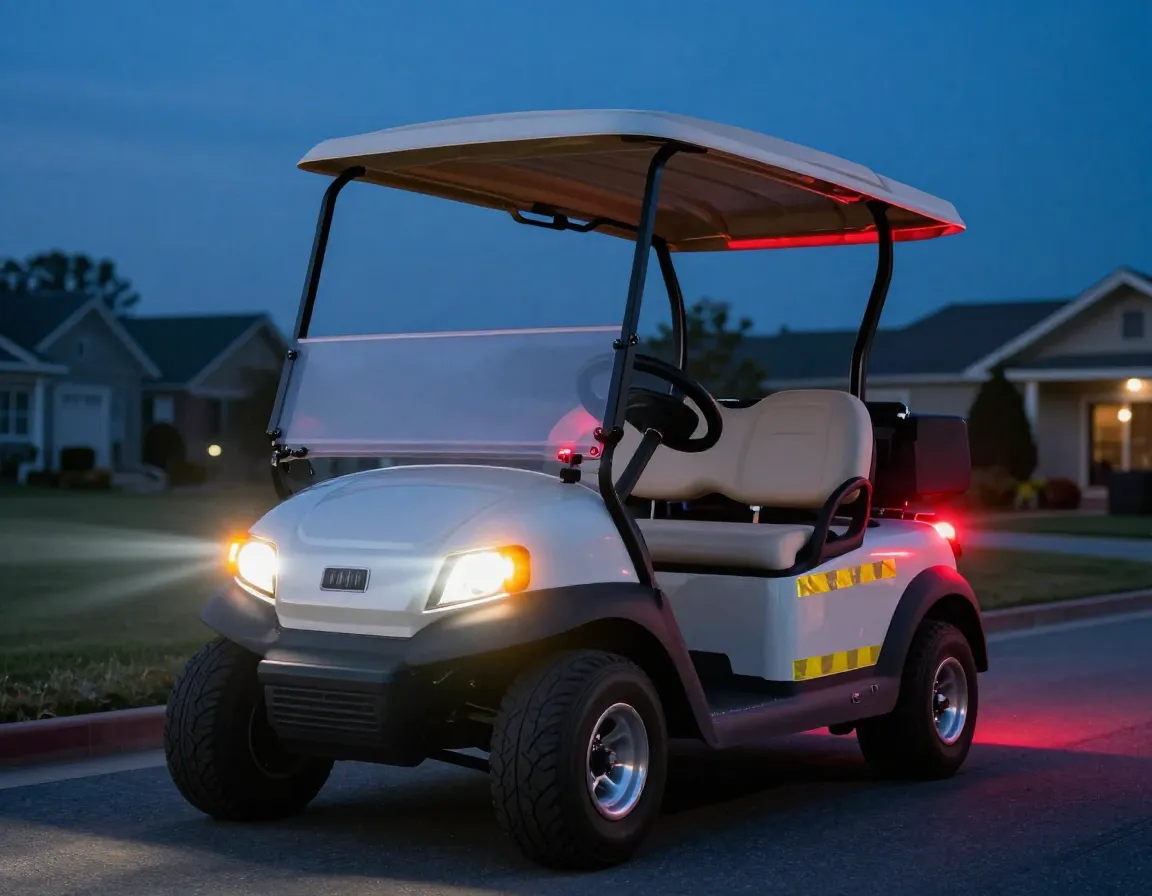 Comprehensive led lighting system on golf cart at dusk