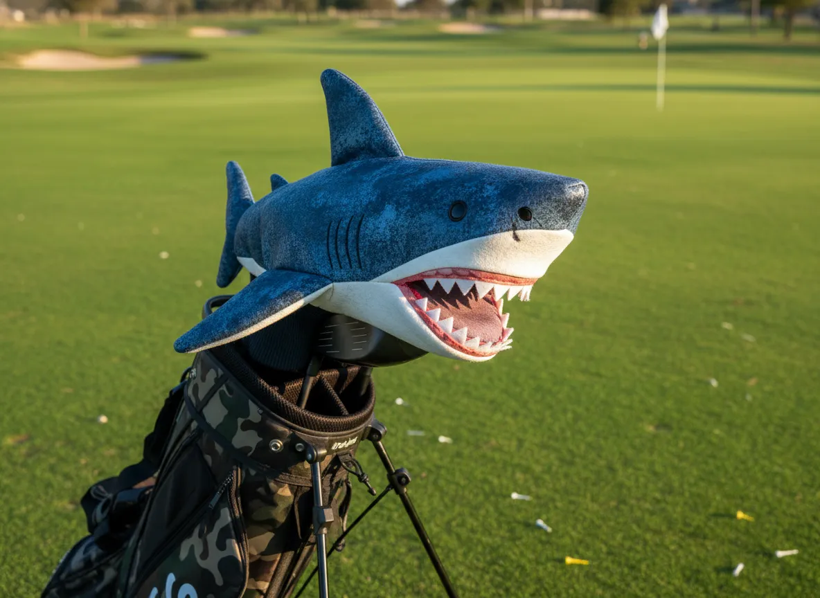 Shark headcover chomping down on golf driver tee box photorealistic