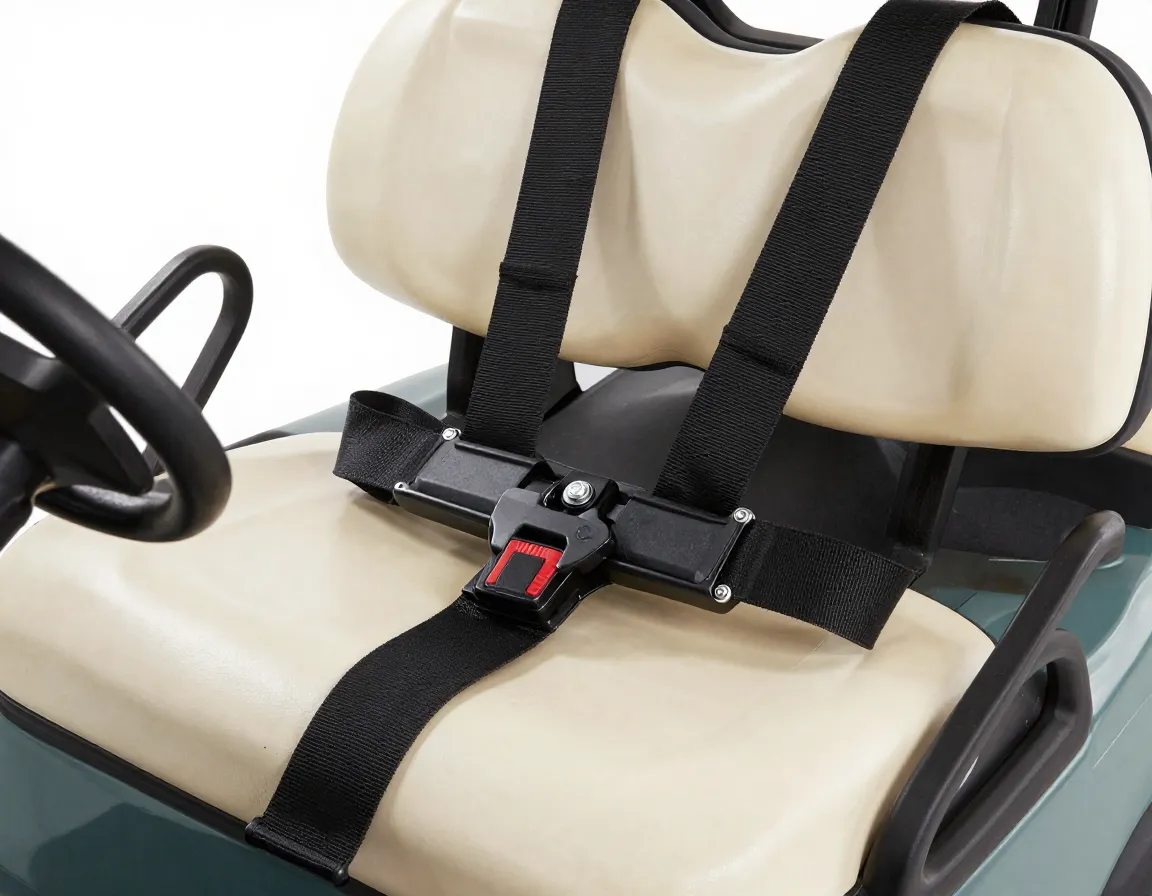 Three point safety harness properly installed in golf cart seat