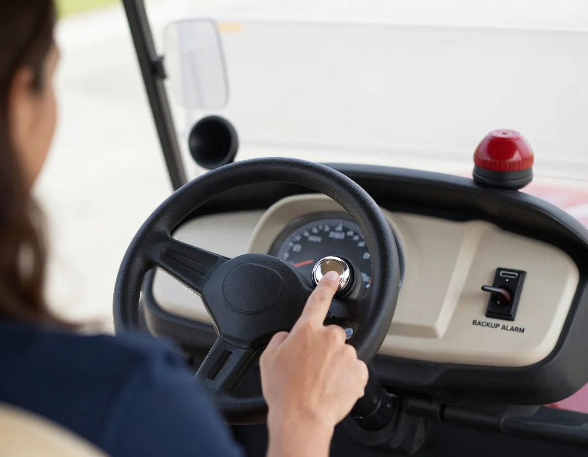 Audible horn and backup alarm on golf cart control panel