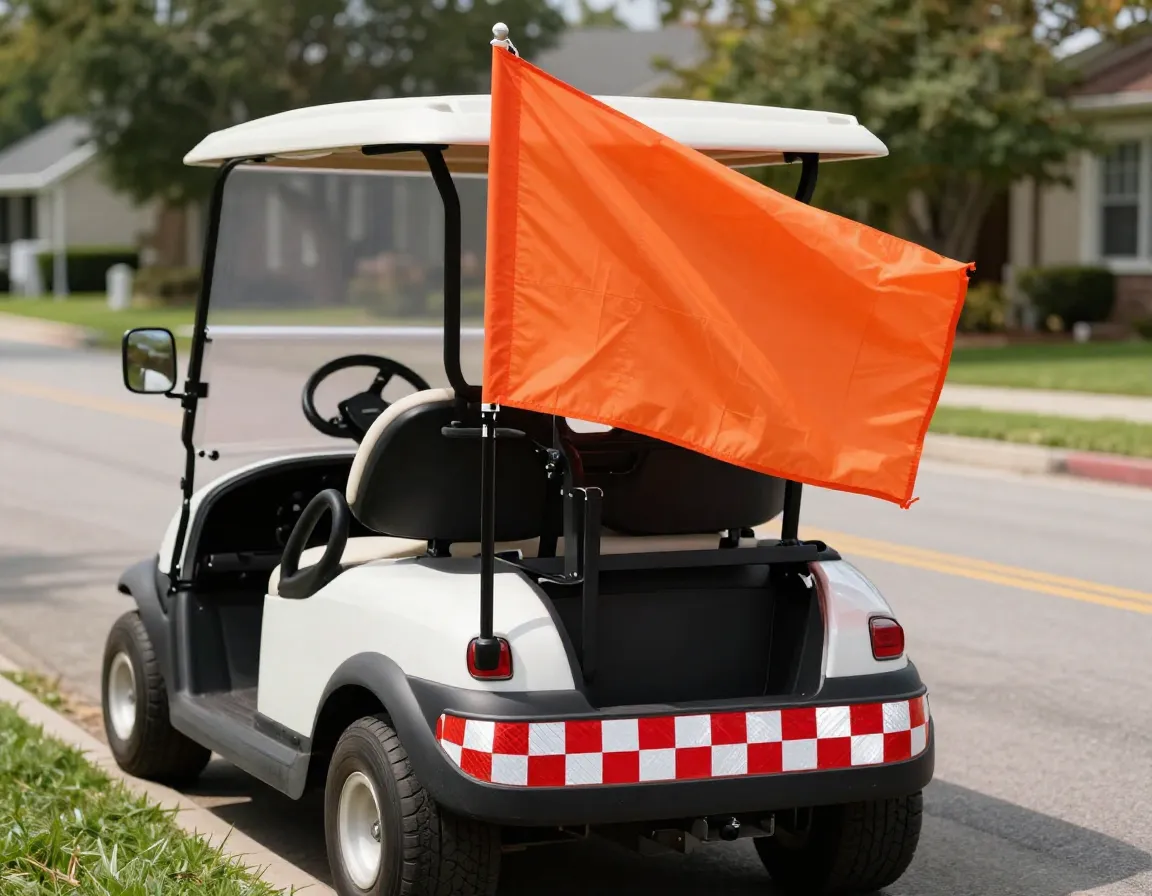 Reflective tape and tall safety flag on golf cart rear