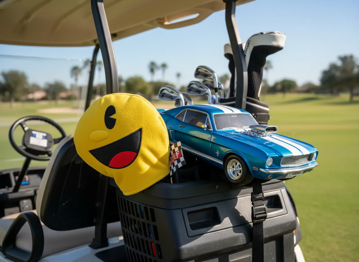 Retro pac man and vintage muscle car headcovers on golf cart