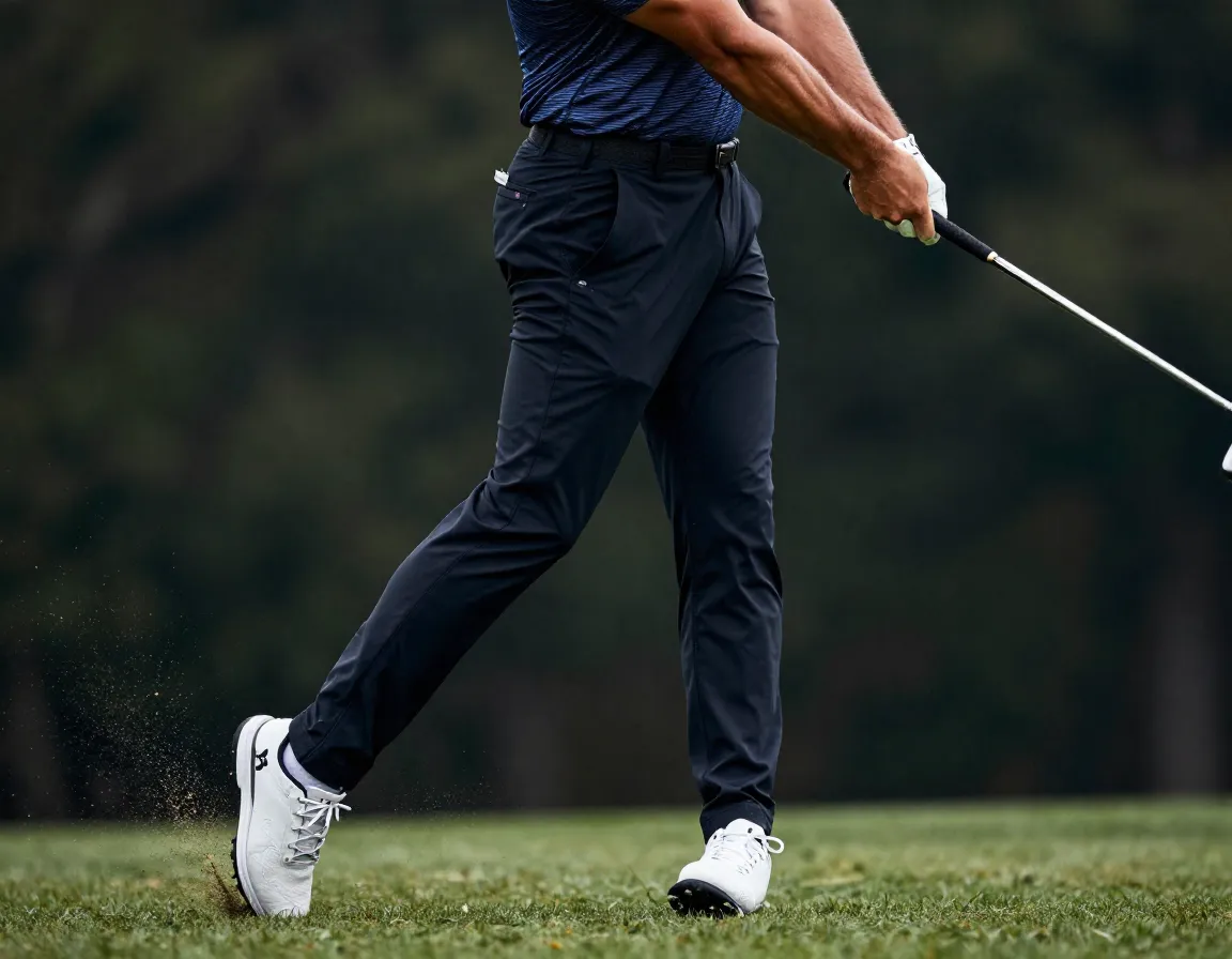 Under armour drive pants athletic fit during powerful golf swing