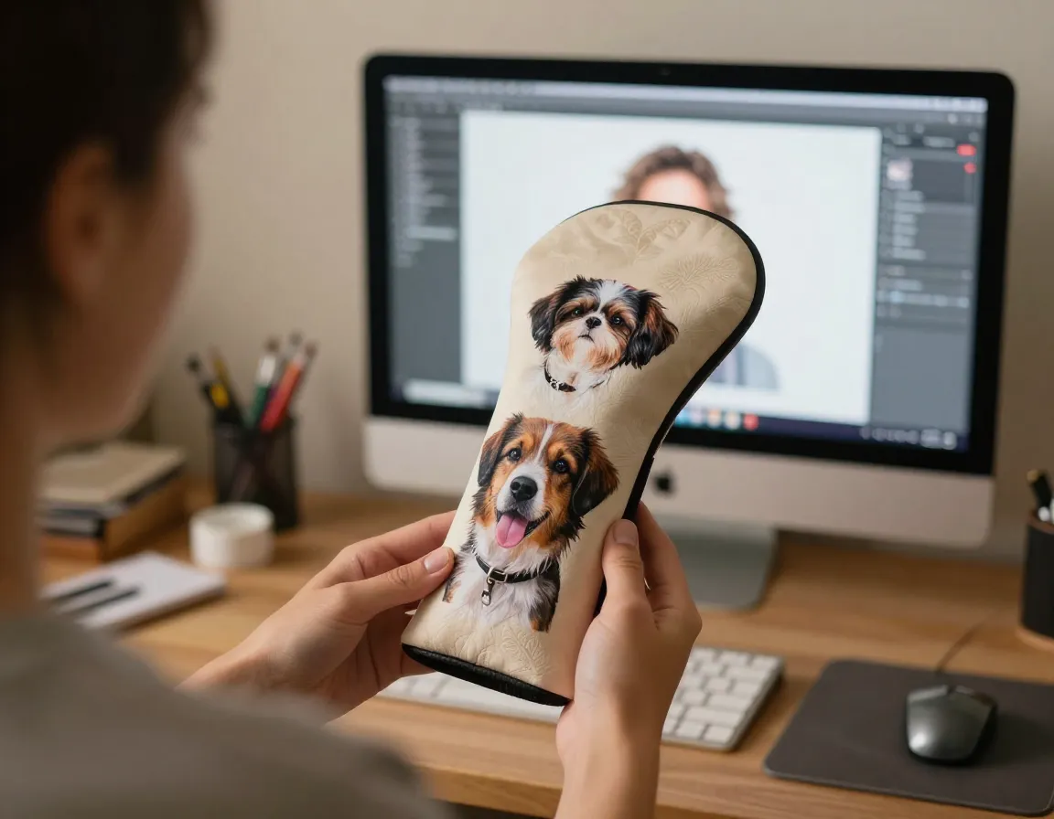 Personalized pet photo custom headcover design in home workshop