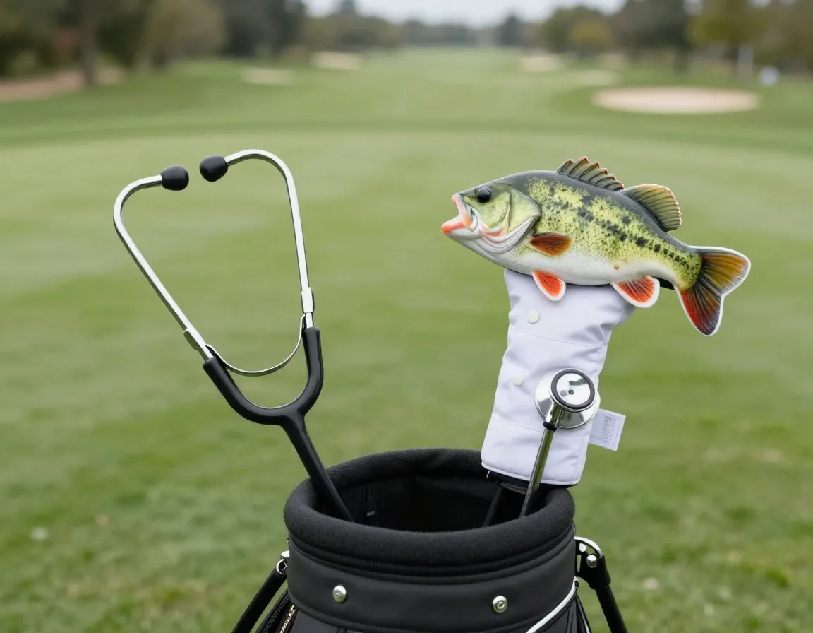 Stethoscope medical themed and fish hobby headcovers on fairway
