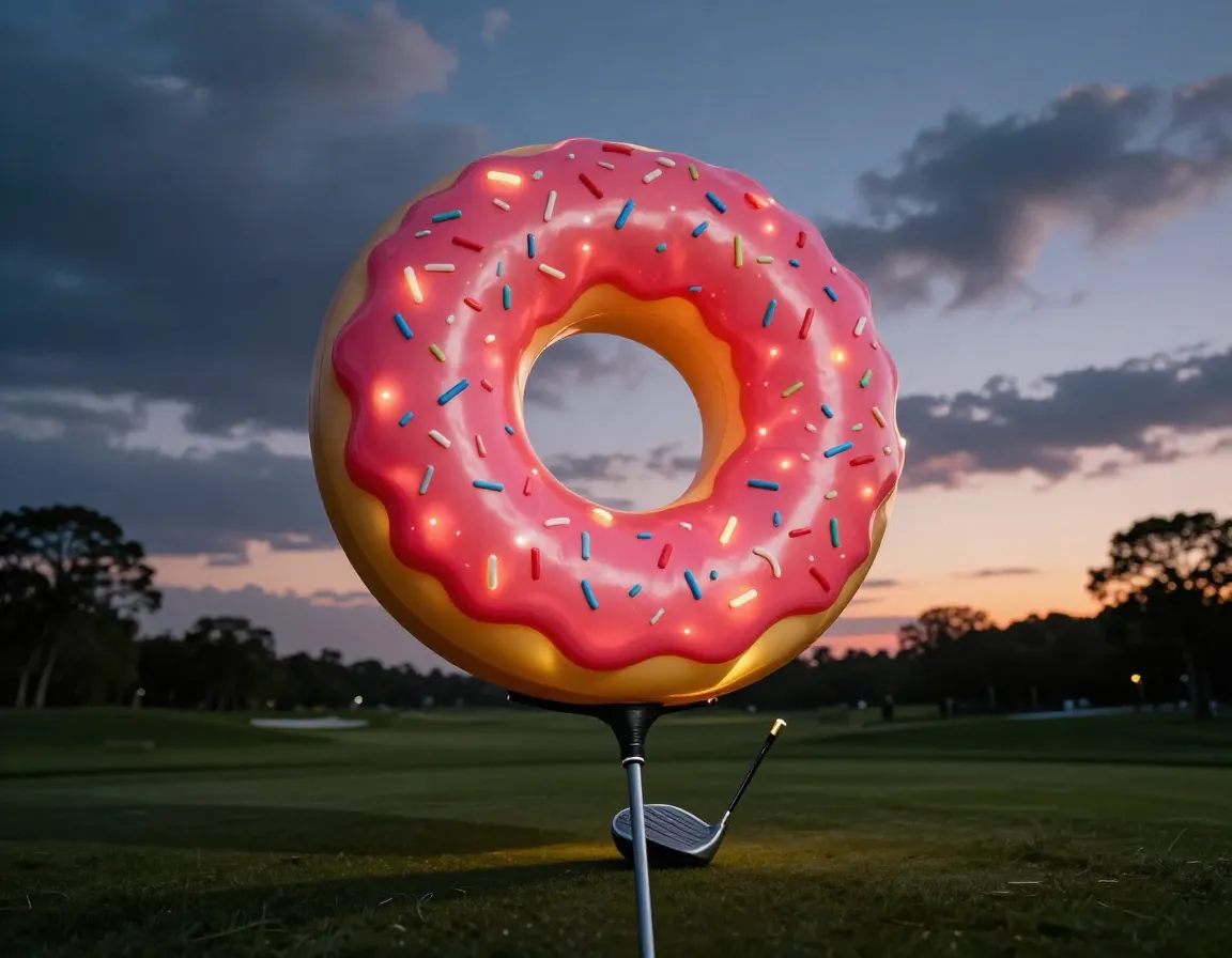 Giant glowing donut novelty headcover on driver during twilight round