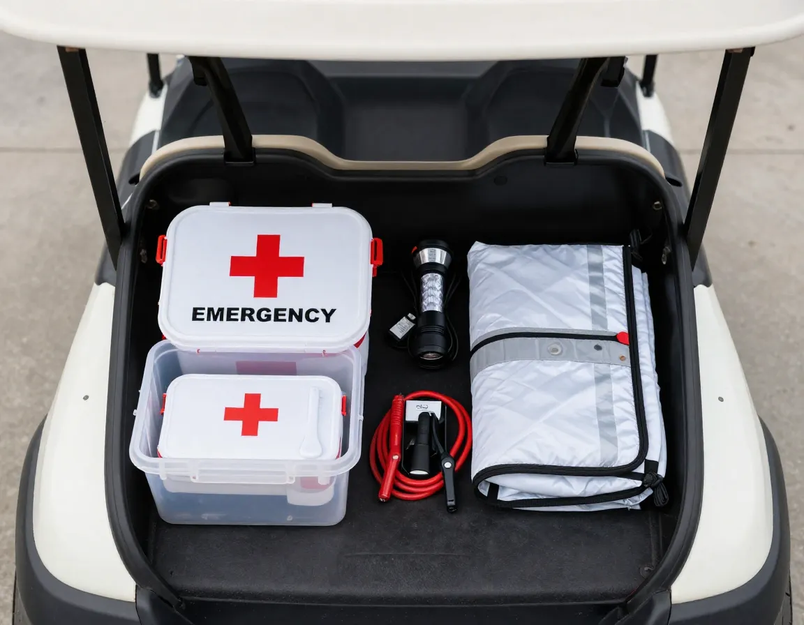 Organized emergency kit inside golf cart storage compartment