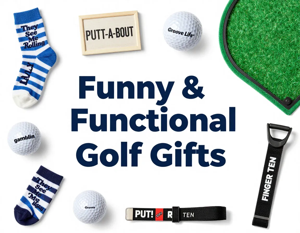 Humorous practical golf gifts flat lay display bright background