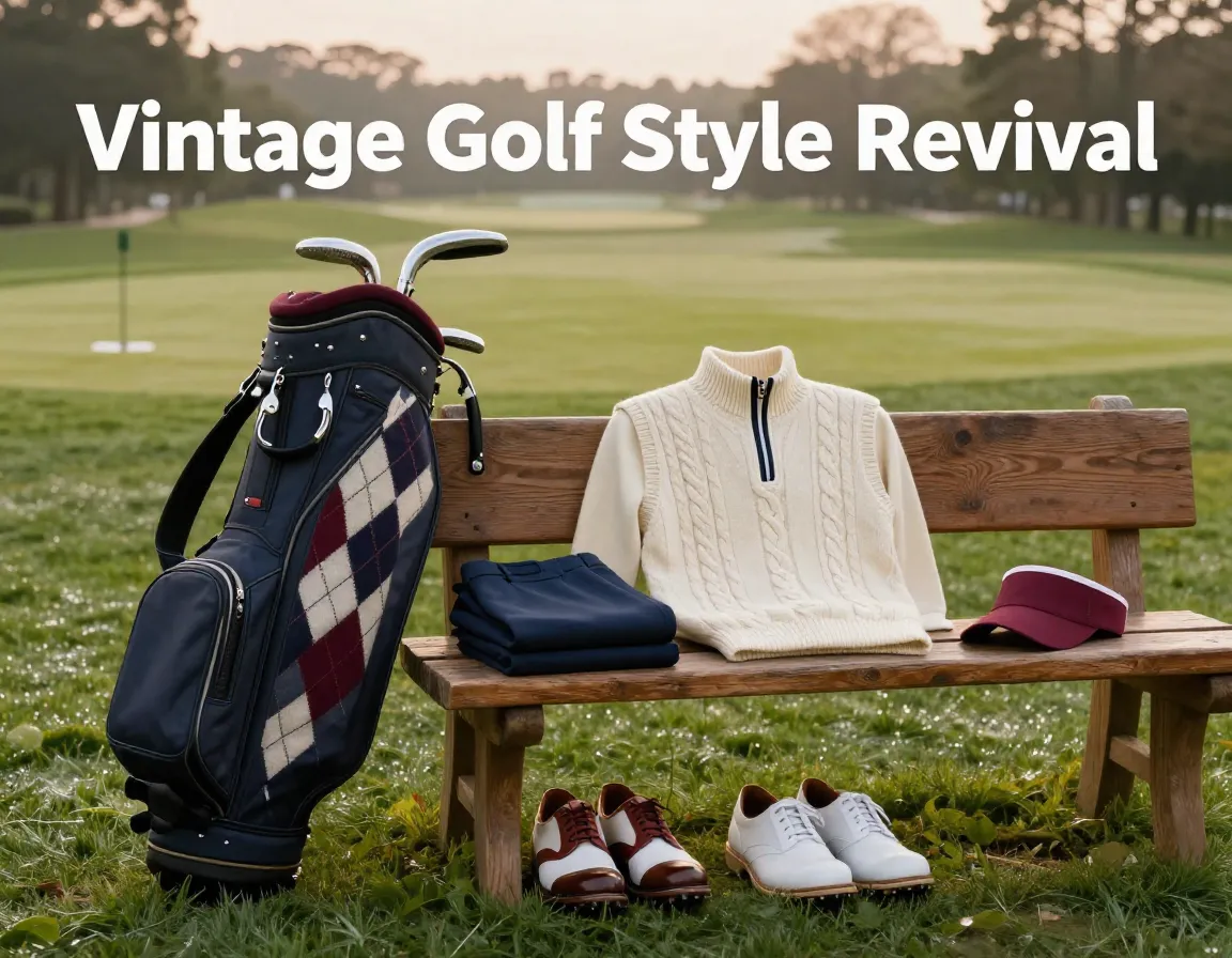 Vintage golf attire argyle vest plus fours classic shoes bench