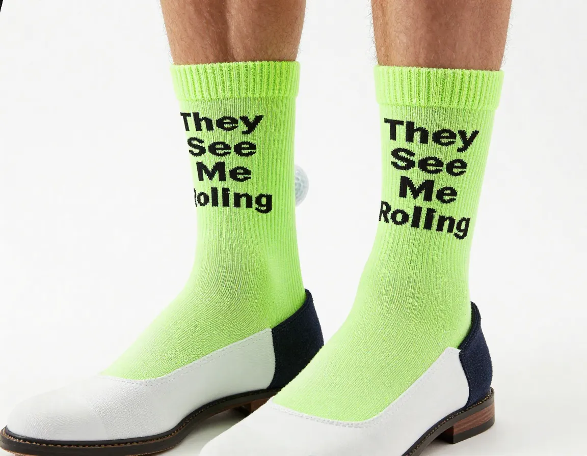 Lavley golf socks they see me rolling design displayed on feet