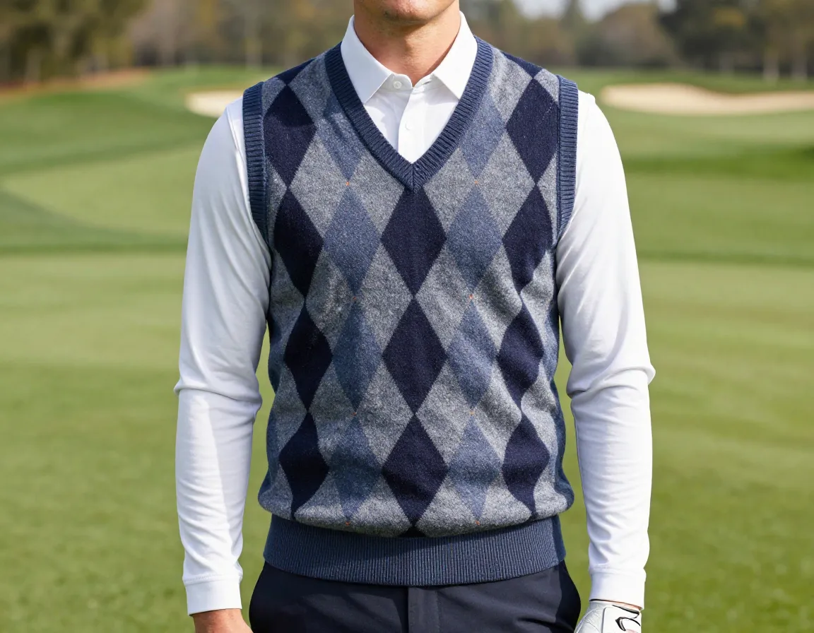Argyle sweater vest layered over a polo on the golf course