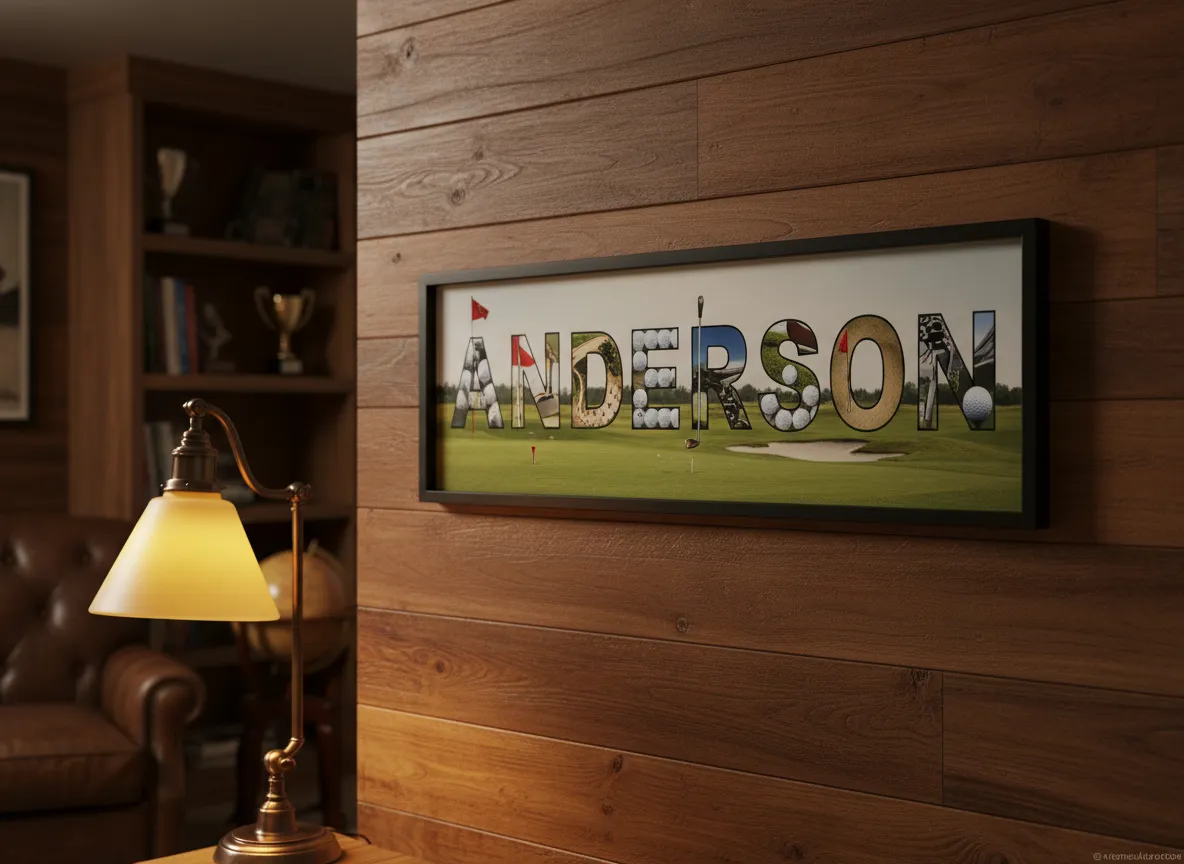Personalized golf name art wall decor in a man cave