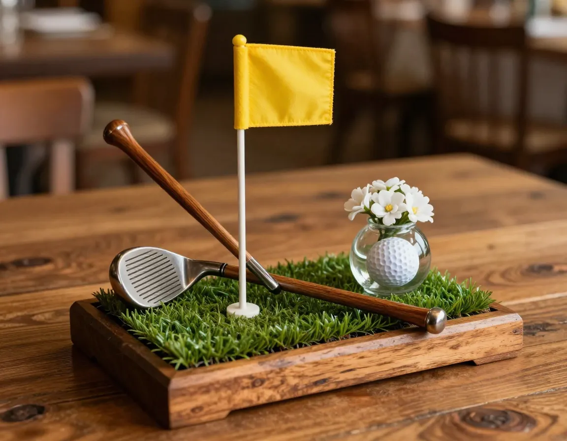 Vintage golf club centerpiece with mini flag on artificial turf