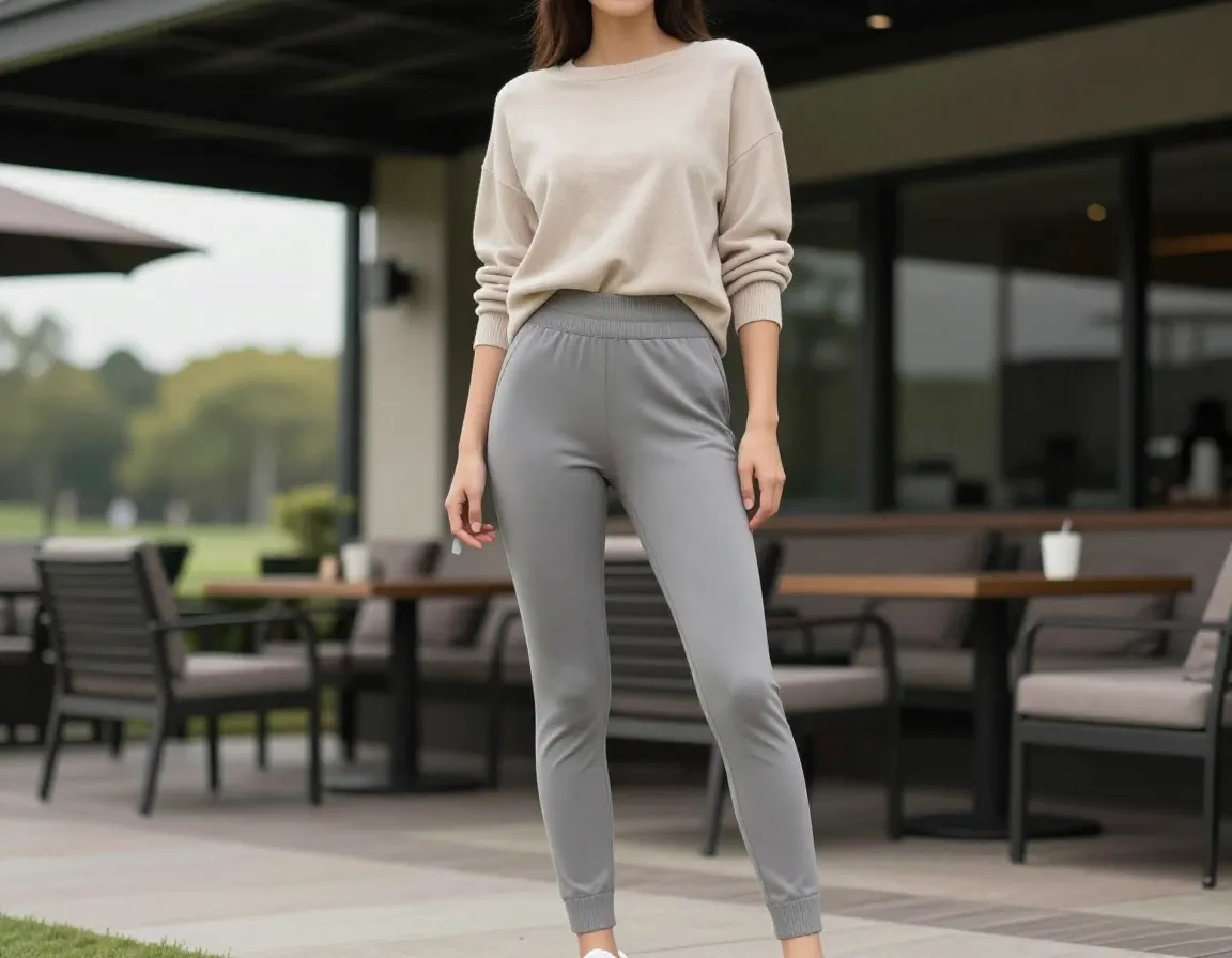 Woman in tailored joggers and pullover on clubhouse patio