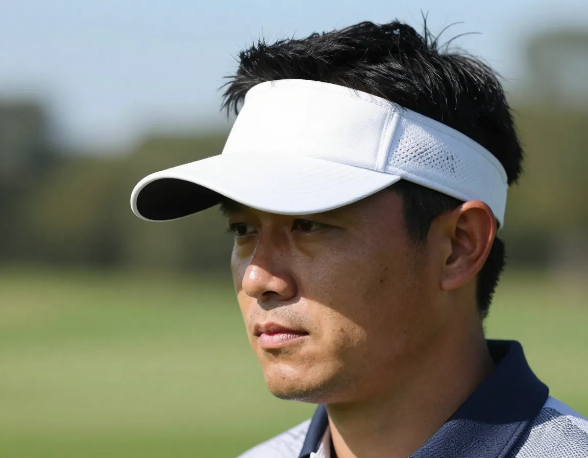 Classic visor cap shading a golfers face on a bright day