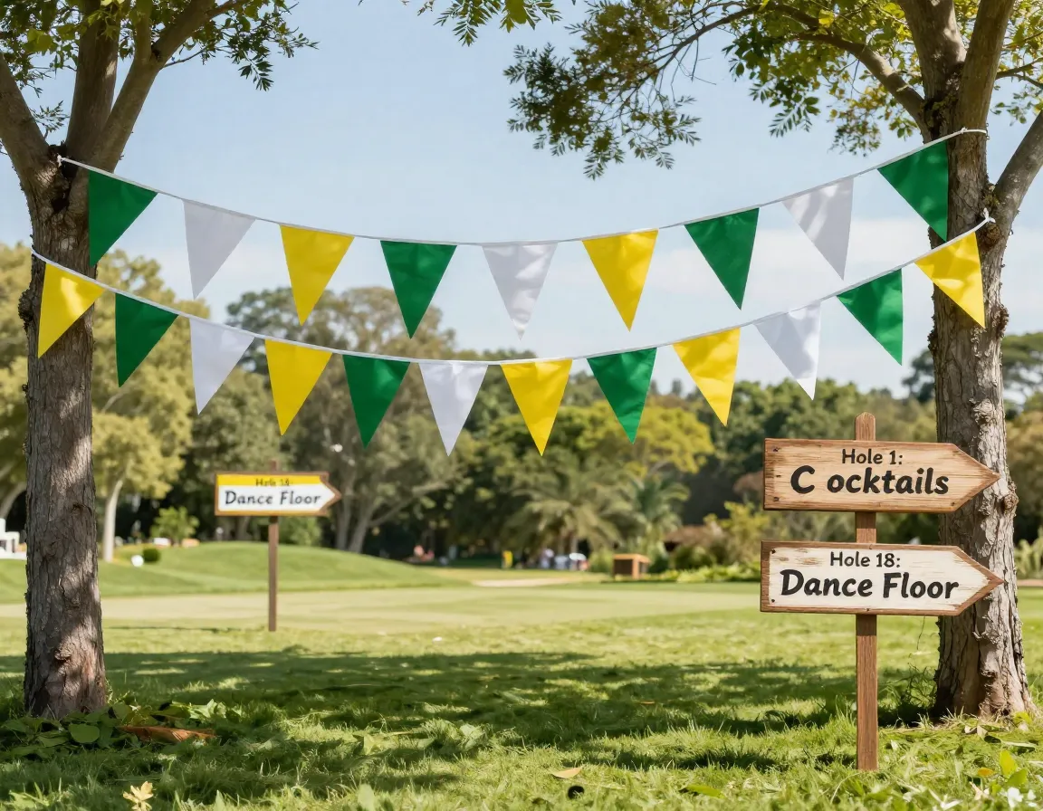Colorful golf flag bunting and hole directional signs at party
