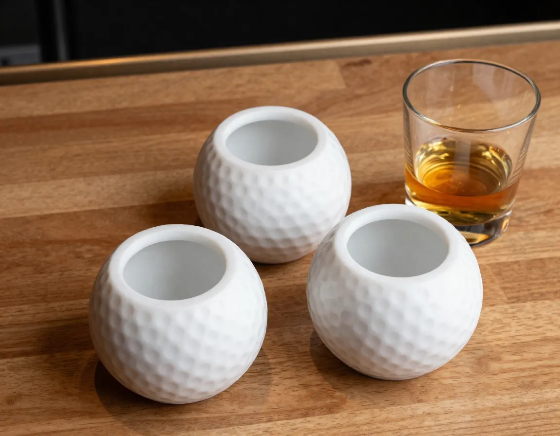 Golf ball whiskey chillers resting on a bar counter