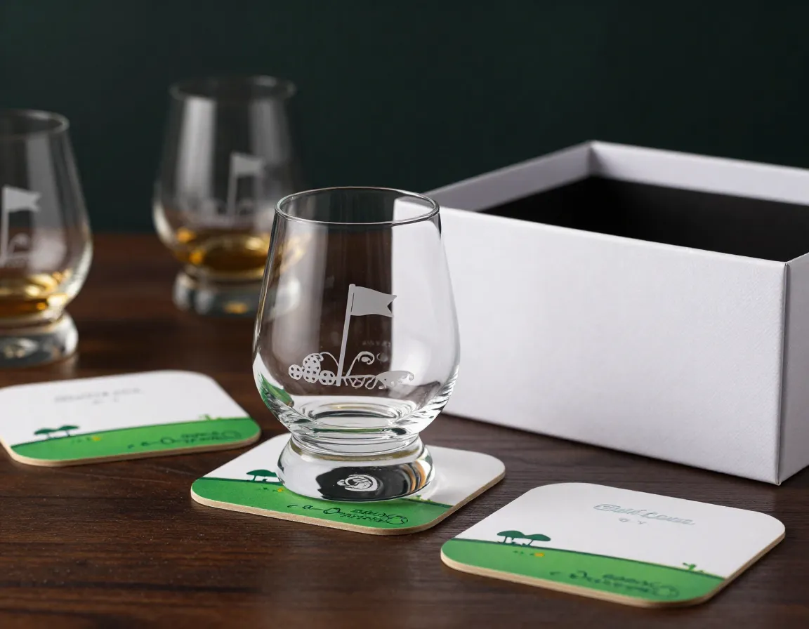 Golf themed whiskey glass and coaster set on table