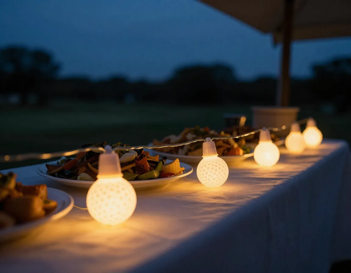 Warm golf ball string lights draped over evening buffet table