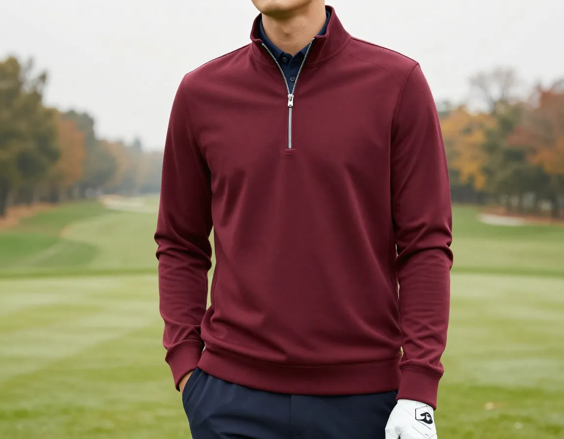 Quarter zip pullover layered for transitional golf weather