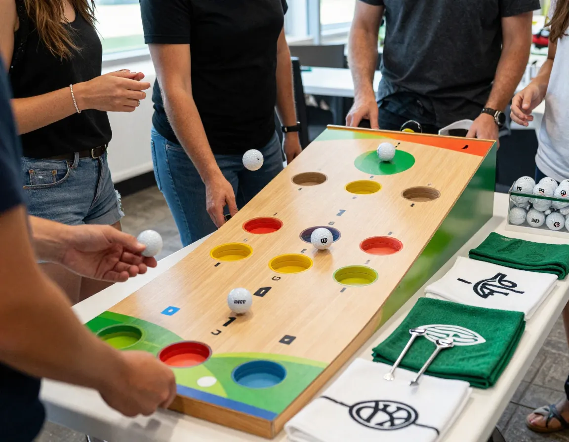 Golf ball toss game with target and themed prize display