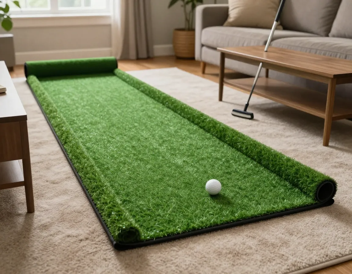 Putt a bout putting green mat in a living room