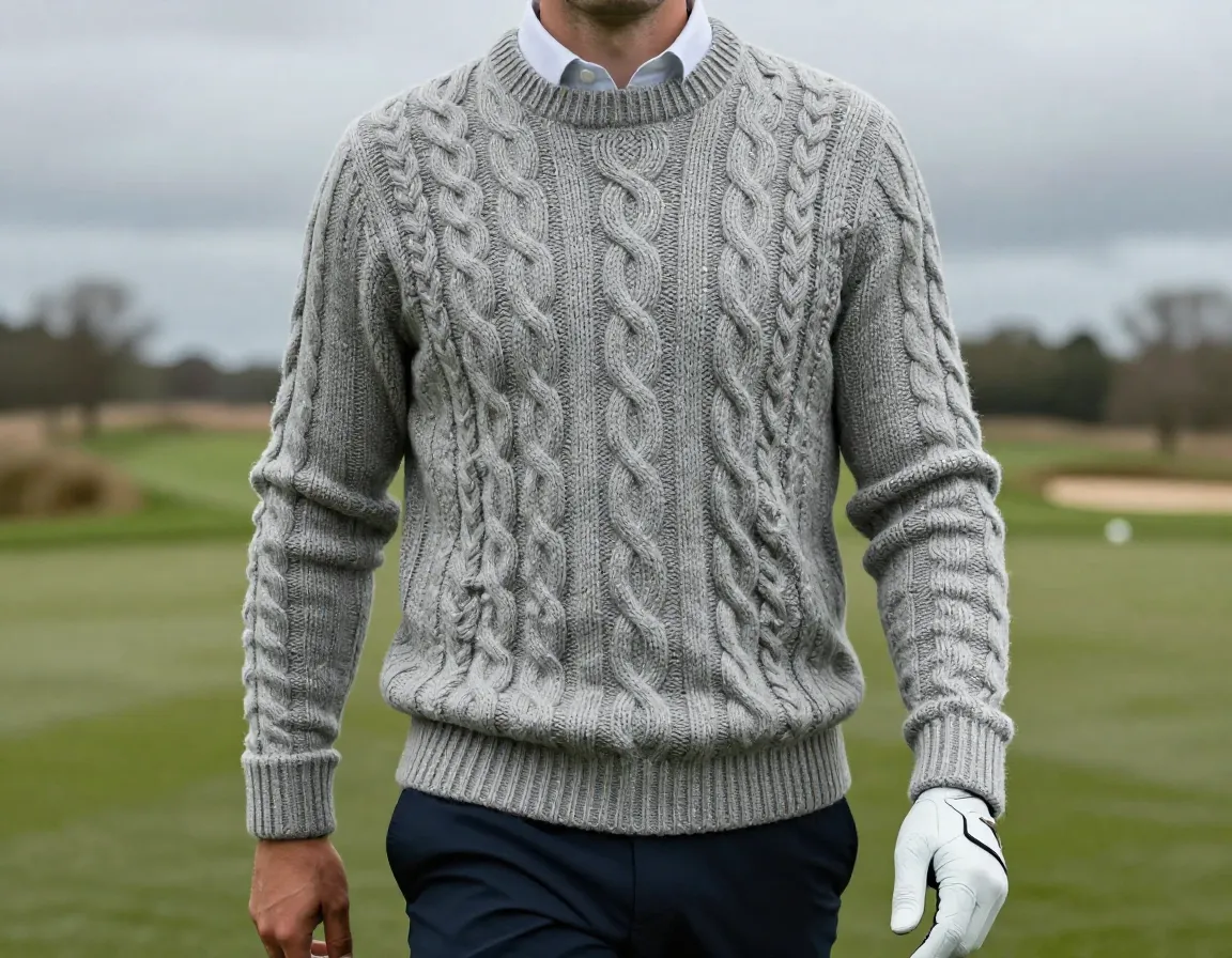 Cable knit golf sweater on a golfer in cool conditions