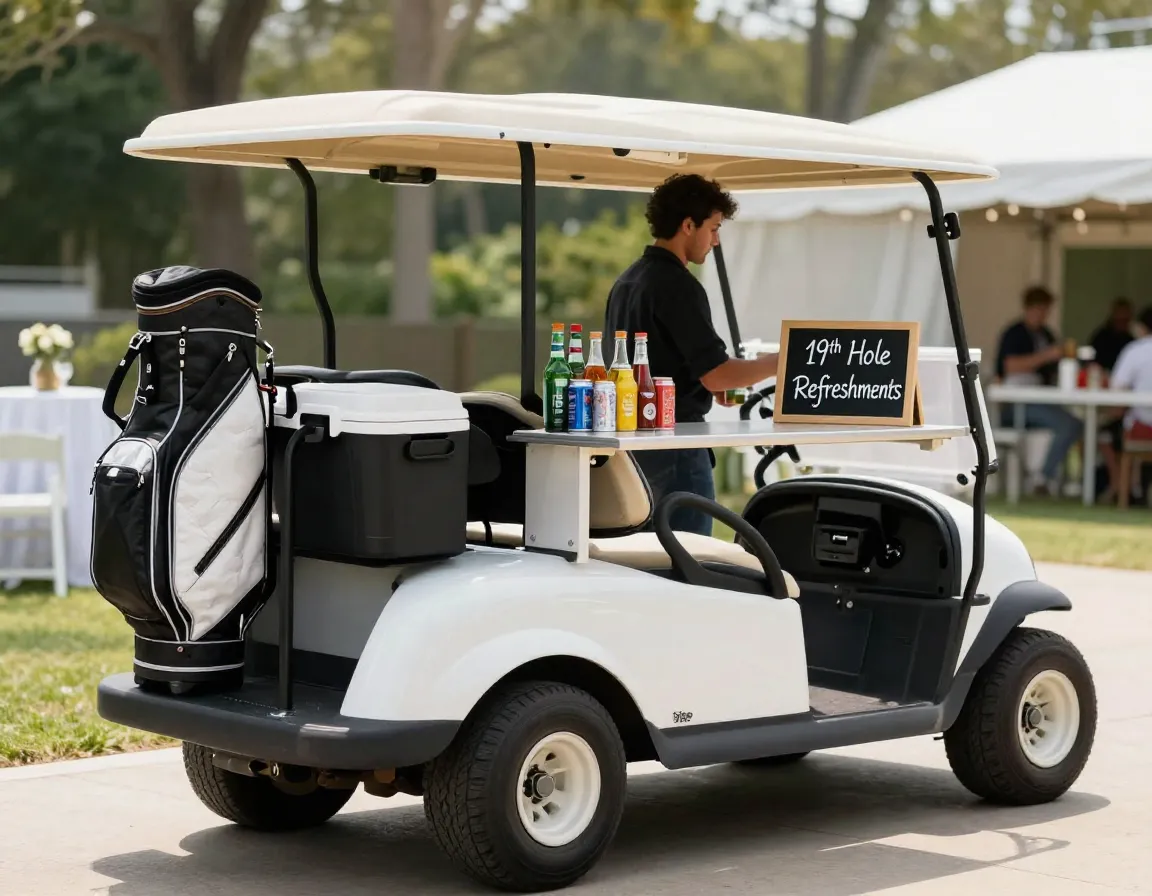 Decorated golf cart mobile bar with cooler and themed signage