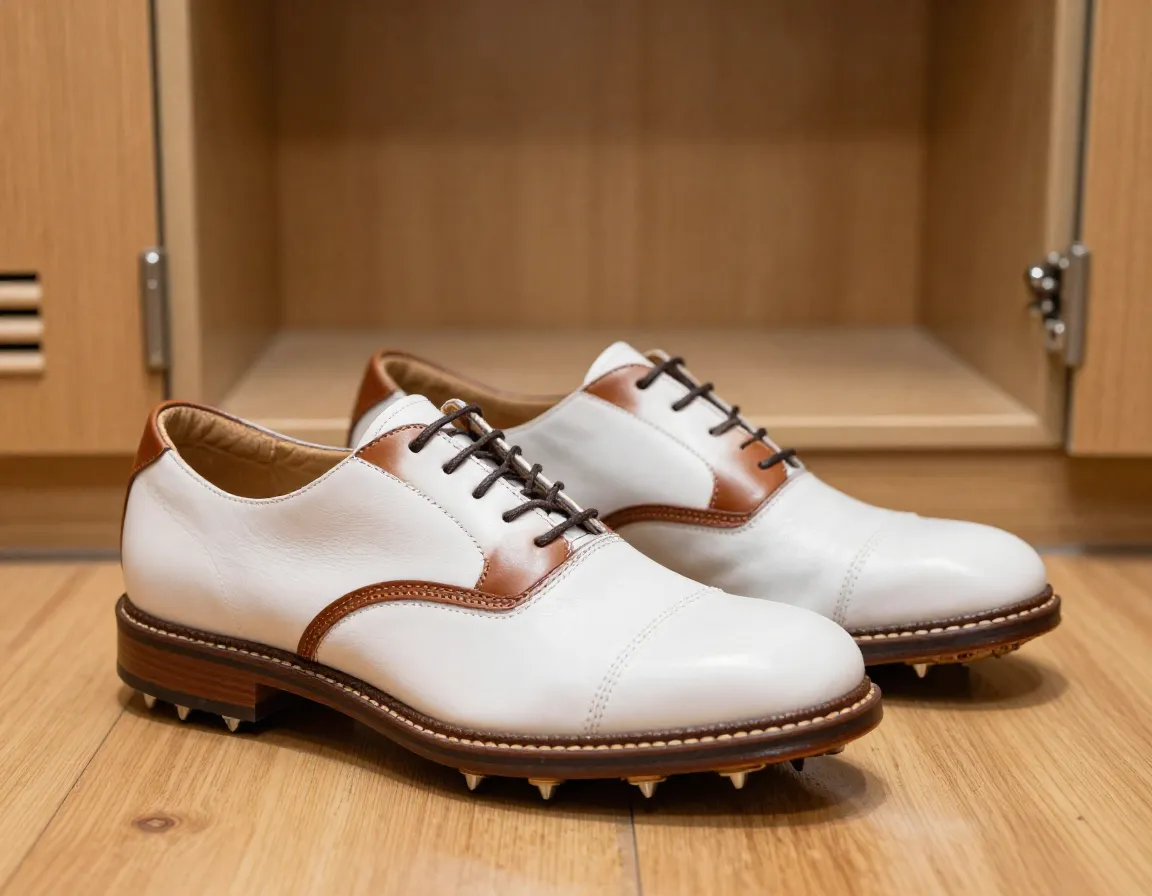 Classic two tone leather golf shoes in a locker room