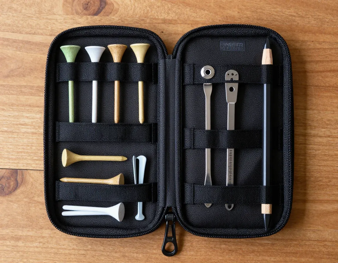 Finger ten zippered golf accessory case open on table