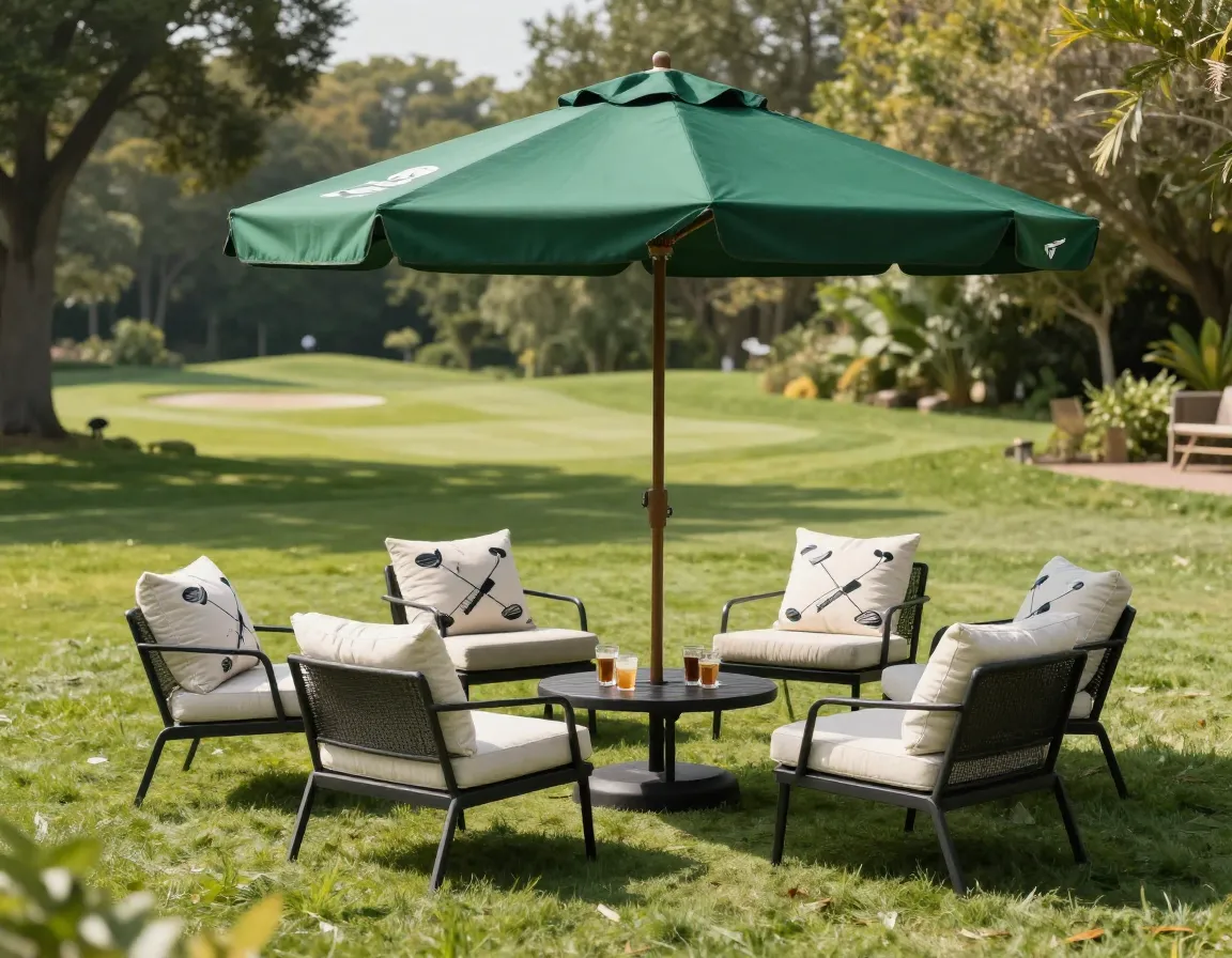 Golf umbrella shade over comfortable seating with themed cushions