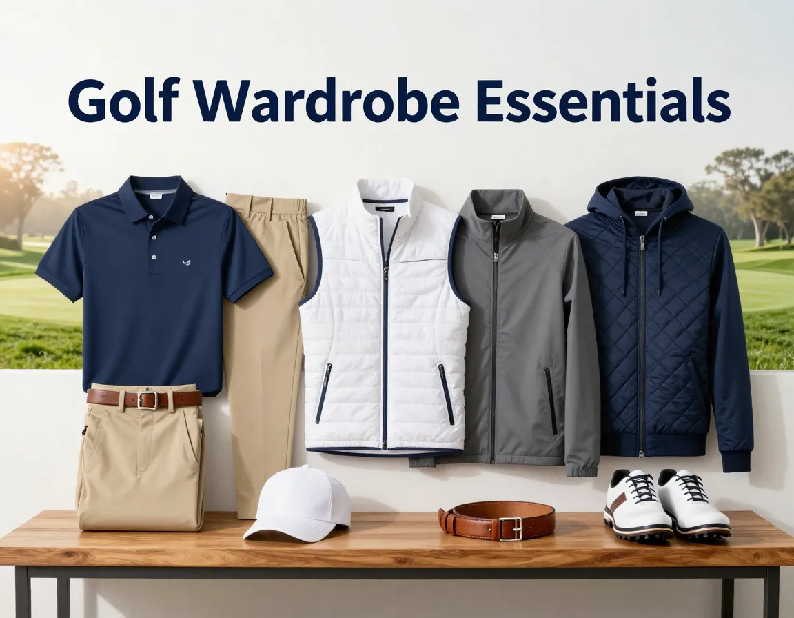 Golf wardrobe essentials flat lay performance polo pants vest jacket